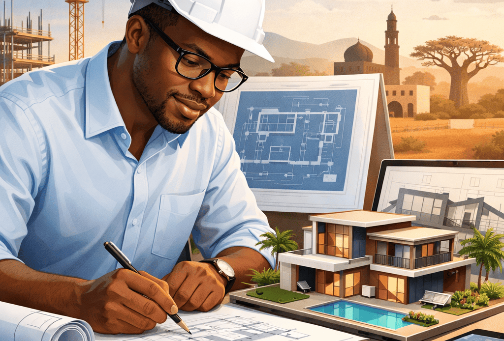 Architecte africain concevant les plans d’une maison moderne au Sénégal avec maquette et chantier en arrière-plan