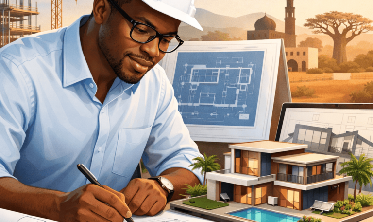 Architecte africain concevant les plans d’une maison moderne au Sénégal avec maquette et chantier en arrière-plan