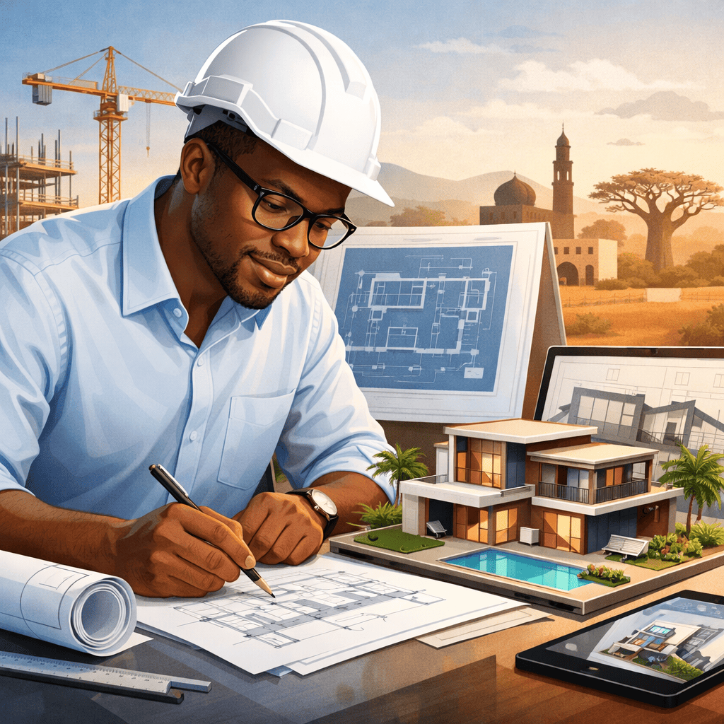 Architecte africain concevant les plans d’une maison moderne au Sénégal avec maquette et chantier en arrière-plan