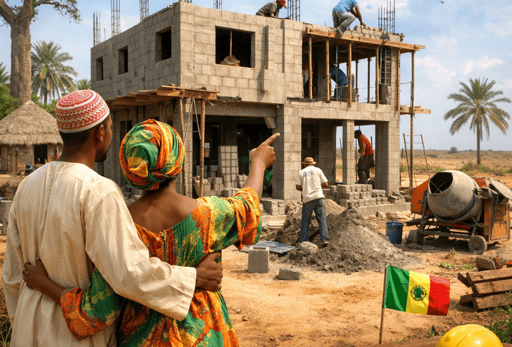 Construction d’une maison au Sénégal : un couple observe son projet immobilier en cours de réalisation.