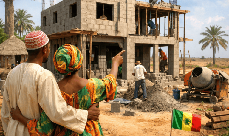 Construction d’une maison au Sénégal : un couple observe son projet immobilier en cours de réalisation.