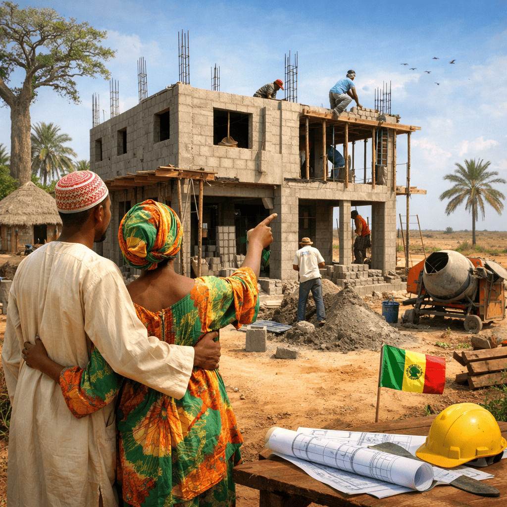 Construction d’une maison au Sénégal : un couple observe son projet immobilier en cours de réalisation.