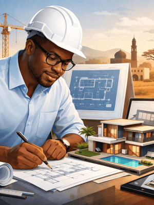 Architecte africain concevant les plans d’une maison moderne au Sénégal avec maquette et chantier en arrière-plan