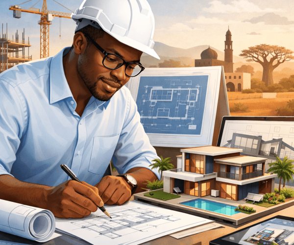 Architecte africain concevant les plans d’une maison moderne au Sénégal avec maquette et chantier en arrière-plan