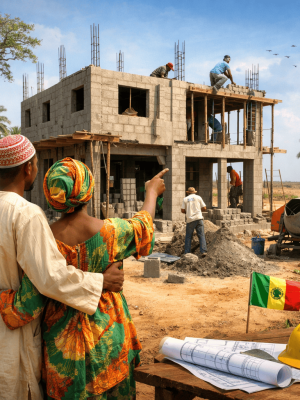 Construction d’une maison au Sénégal : un couple observe son projet immobilier en cours de réalisation.