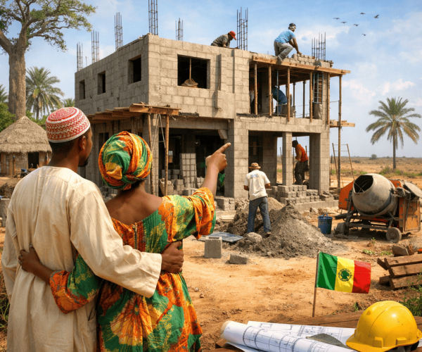 Construction d’une maison au Sénégal : un couple observe son projet immobilier en cours de réalisation.